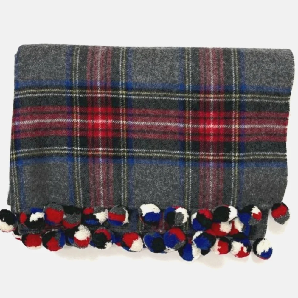 J. CREW | Wool, Plaid Pom Pom Blanket Scarf